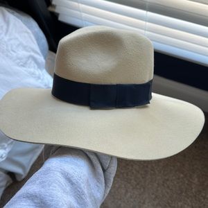 Brixton Tan Cream Wide Brim Felt Hat with Navy ribbon